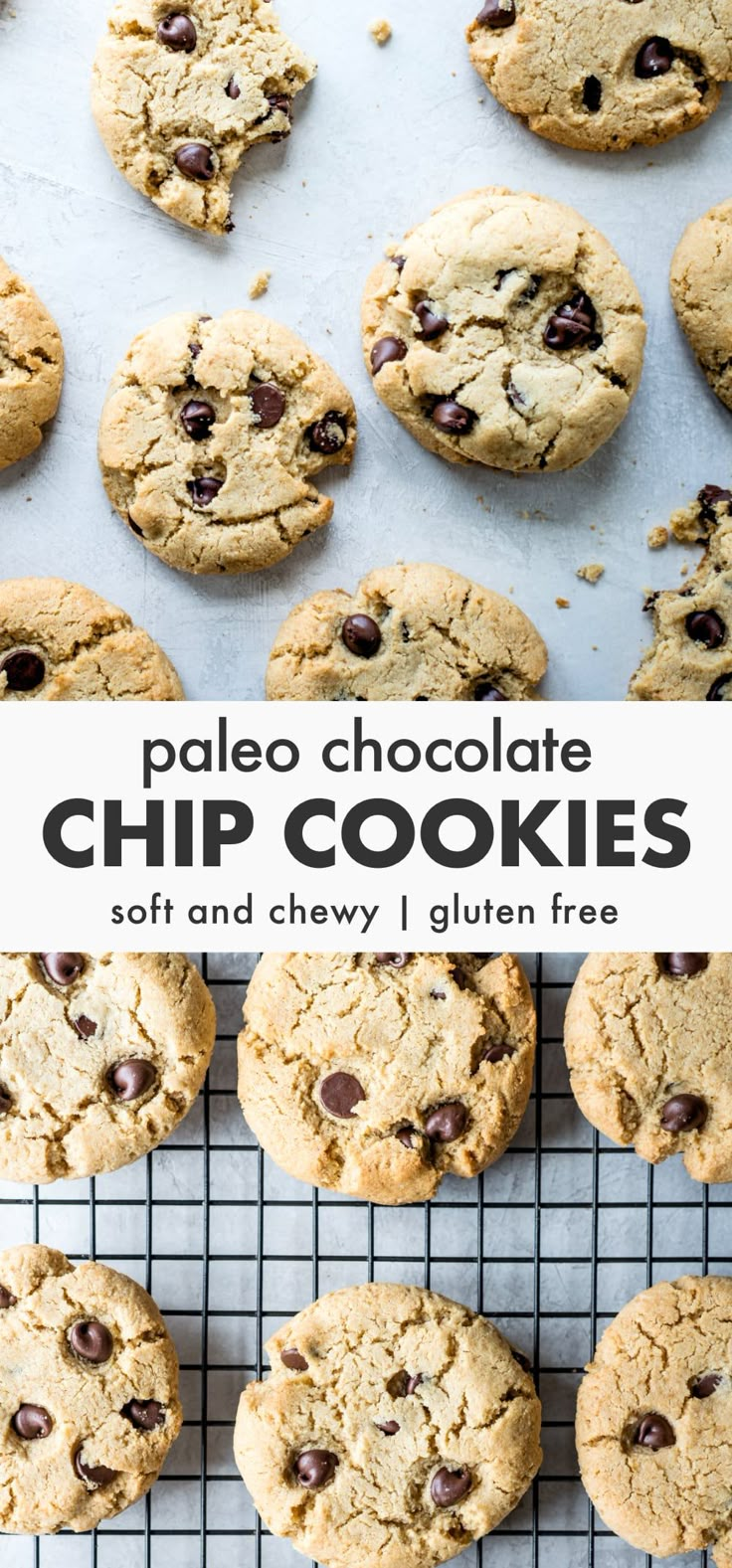 chewy chocolate chip cookies on a cooling rack with text overlay that reads chewy chocolate chip cookies pale + grain - free + perfectly soft