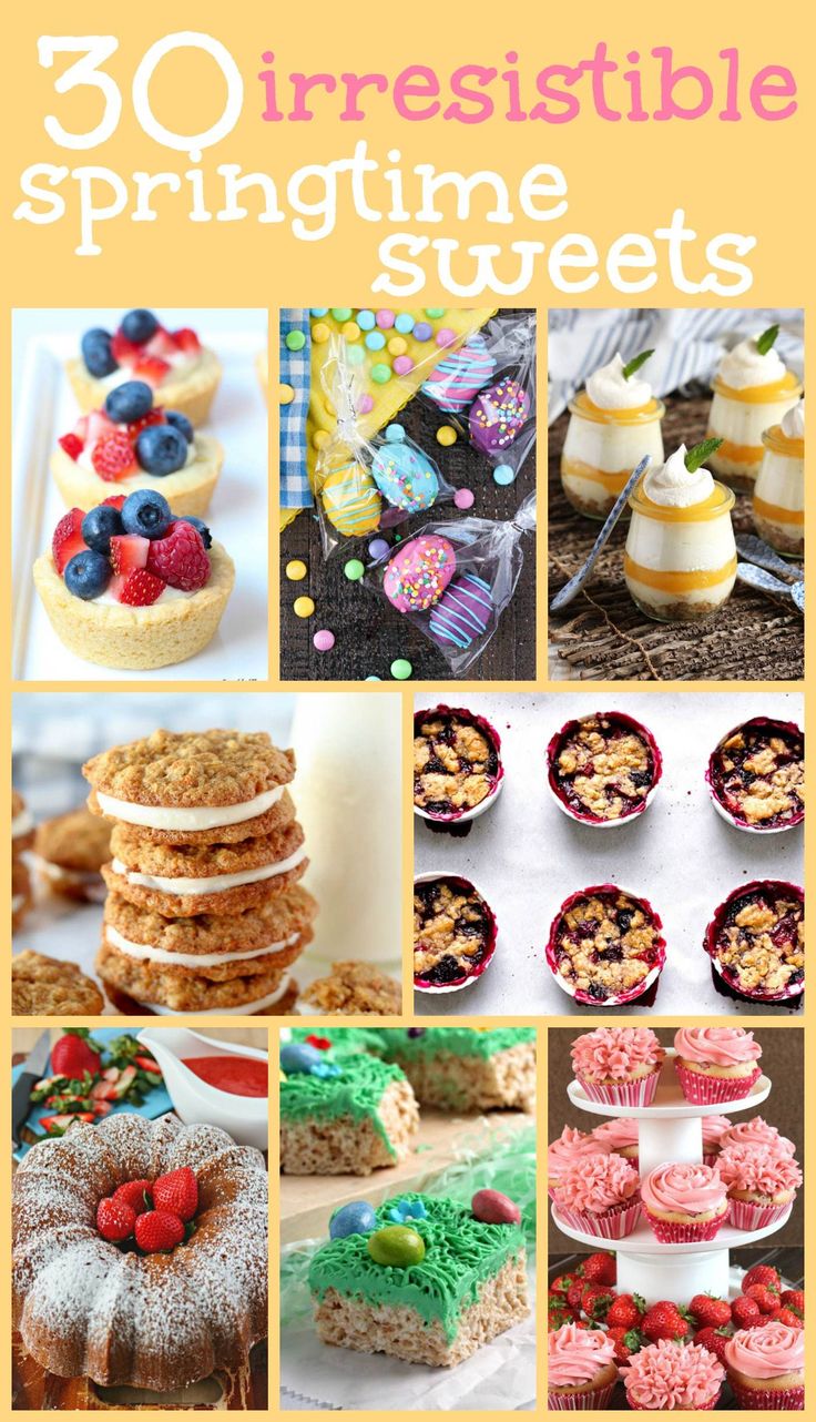 there are many different desserts and pastries in this collage with the words, 30 irresistibleible springtime sweets