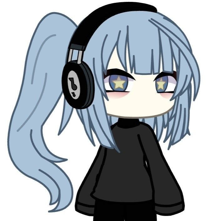 an anime character with blue hair and headphones, wearing black clothes is looking at the camera