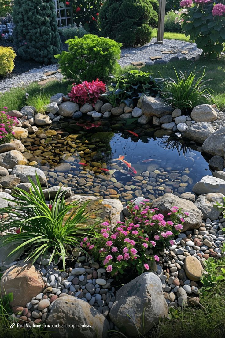 a small pond surrounded by rocks and flowers