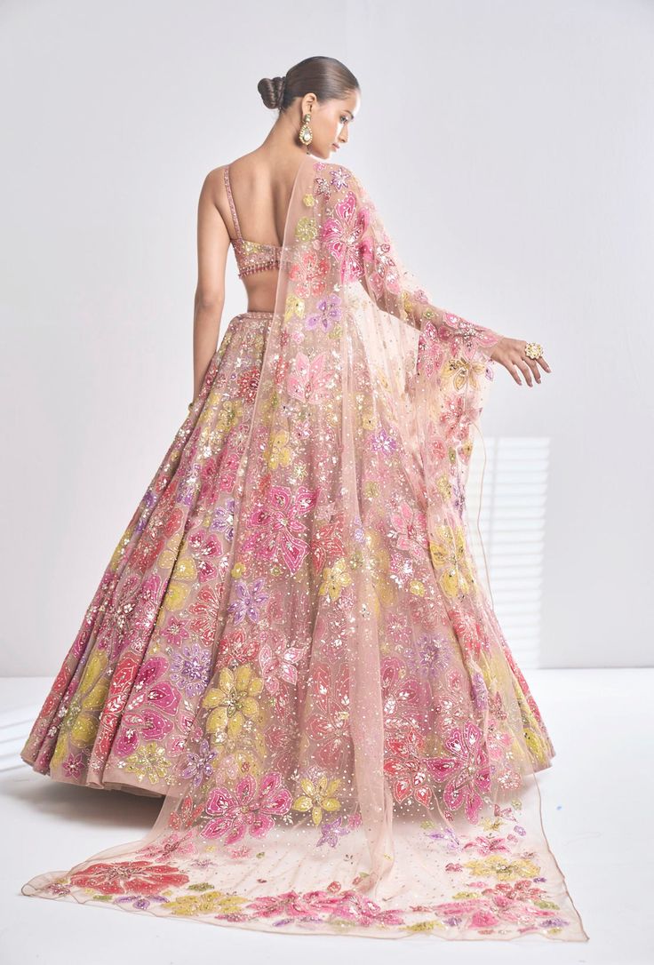 Bright Color Lehenga, Floral Lengha Indian, Floral Lehngas, Aesthetic Lengha, Net Dupatta Designs Ideas, Floral Lehenga Designs, Multi Colour Lehenga, Strappy Blouse, Seema Gujral