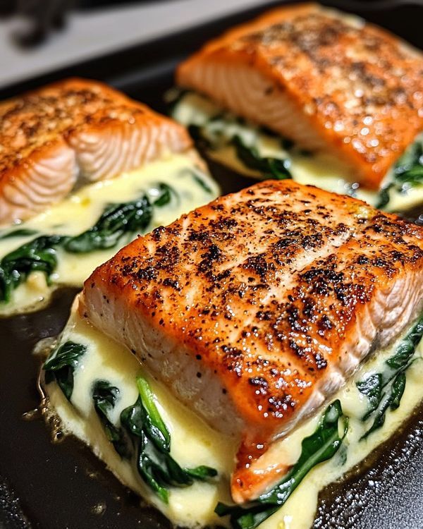 four pieces of salmon with spinach and cheese