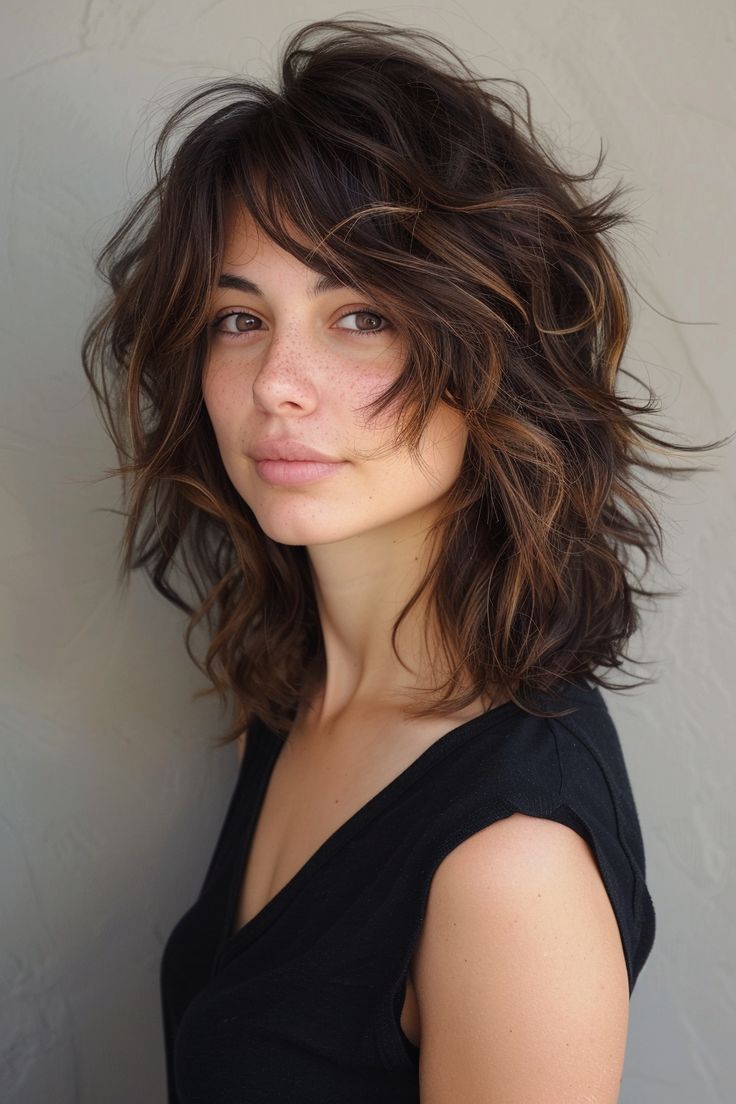 Dressing Your Truth Type 3 Hairstyles, Medium Shag Without Bangs, Shag In Ponytail, Shag For Oval Face, Mid Length Shag Haircuts, Super Shaggy Haircuts Medium, Medium Wolf Haircuts For Women, Medium Length Shag Wavy Hair, Shaggy Haircuts Side Part