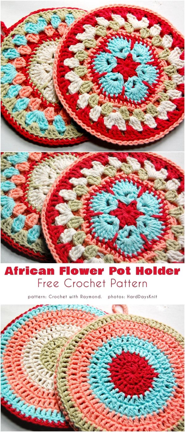 three crocheted coasters are shown in different colors and sizes, with the words aria