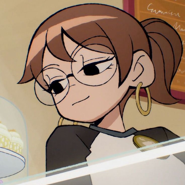 an animated woman with glasses looking at something in front of her face and wearing large gold hoop earrings