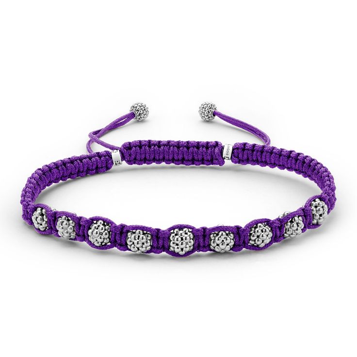 Purple braided nylon with sterling silver Caviar beading forms this versatile bracelet. Adjustable Braided Bracelet Jewelry, Silver Braided Bracelet With Sliding Knot And Round Beads, Adjustable Braided Jewelry Bracelet, Adjustable Braided Sterling Silver Bracelet As Gift, Adjustable White Gold Jubilee Beaded Bracelets, Adjustable Silver Braided Bracelet With Round Beads, Handmade Adjustable White Gold Bracelets, Adjustable Handmade White Gold Bracelets, Adjustable White Gold Jubilee Beaded Bracelet