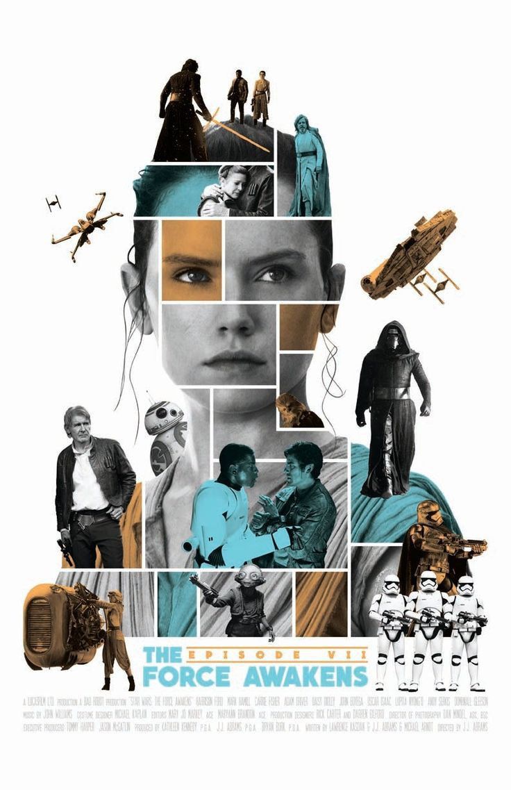 the force awakes movie poster with many different images and characters in various pictures, including an