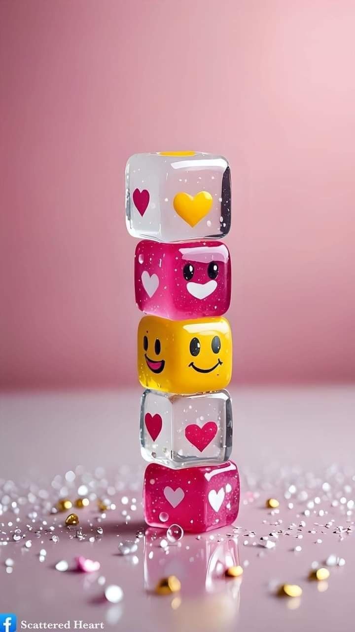 a stack of legos made to look like hearts and smiling faces on pink background