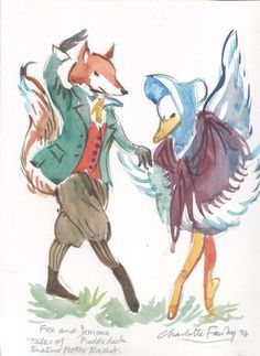 a drawing of two birds and a fox holding hands