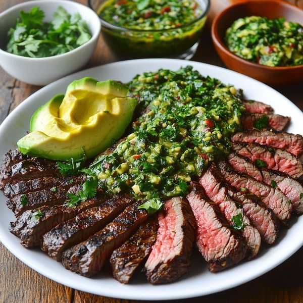 steak, avocado and salsa on a plate with bowls of guacamole