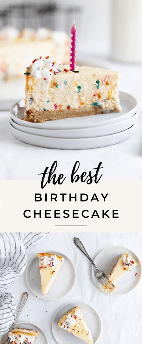 the best birthday cheesecake recipe is on a plate with two slices cut out and ready to be eaten