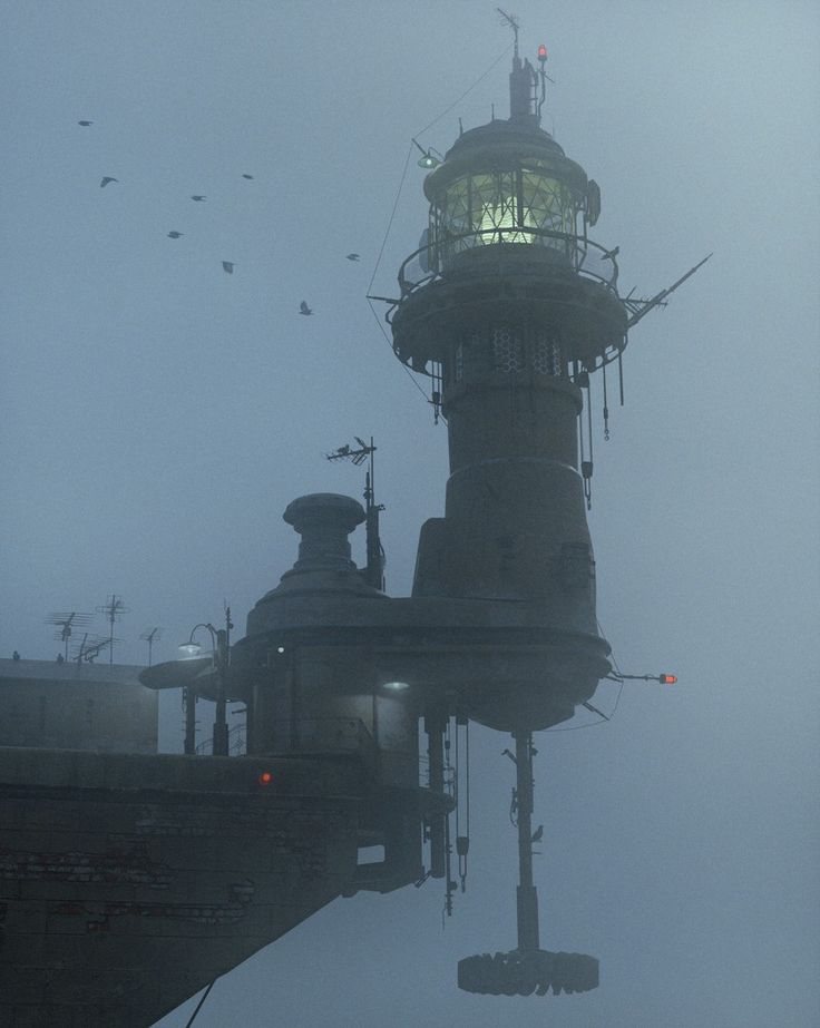 a tall tower with a light on top in the fog