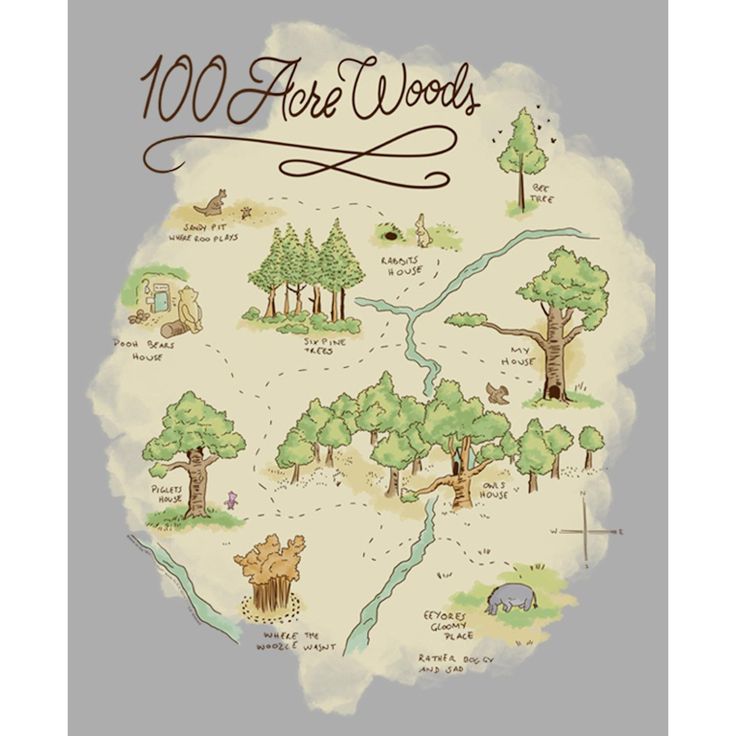 an illustrated map with trees and animals in the woods on it's side, which reads 100 more woods