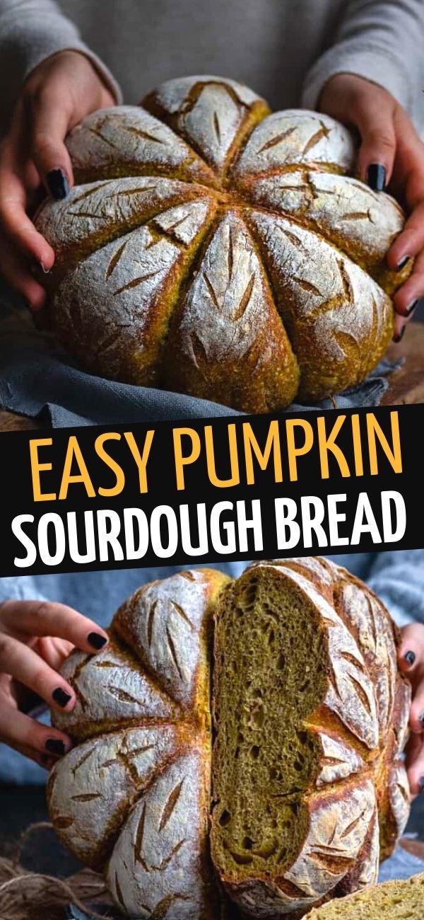 two images showing how to make sourdough bread with pumpkins on the side