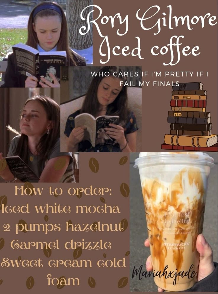 a collage of photos with coffee and books