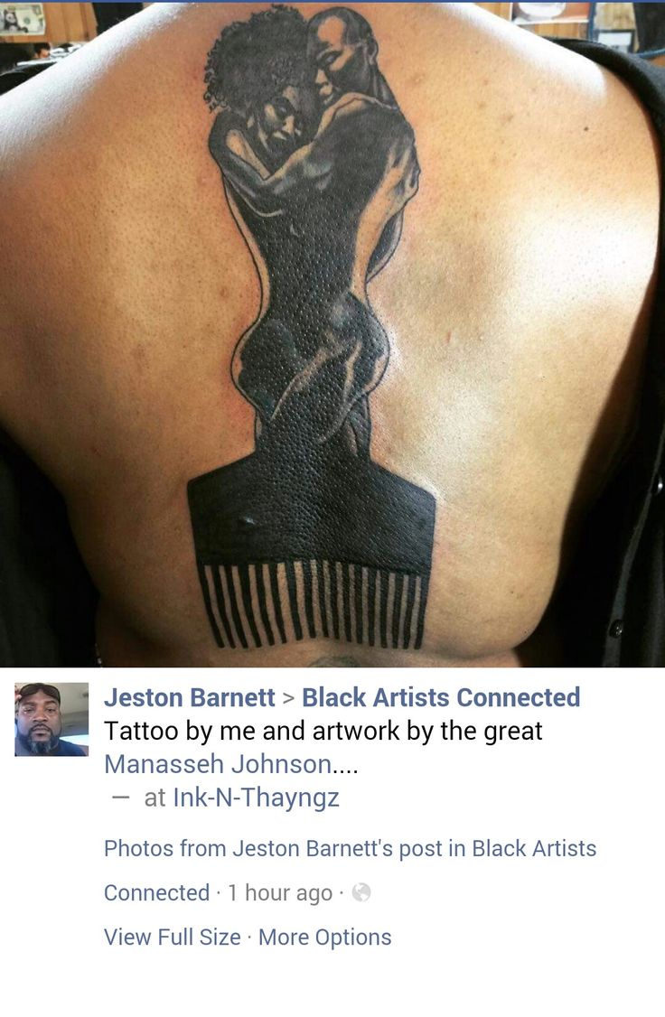 the back of a person's shoulder with a tattoo on it and an image of a woman holding a comb