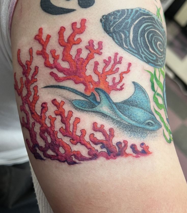 Coral Reef Tattoo Coral Reef Tattoo, Reef Tattoo, Coral Reef Drawing, Coral Tattoo, Mermaid Sleeve Tattoos, Underwater Tattoo, Stingray Tattoo, Ray Tattoo, Dragonfly Tattoo Design