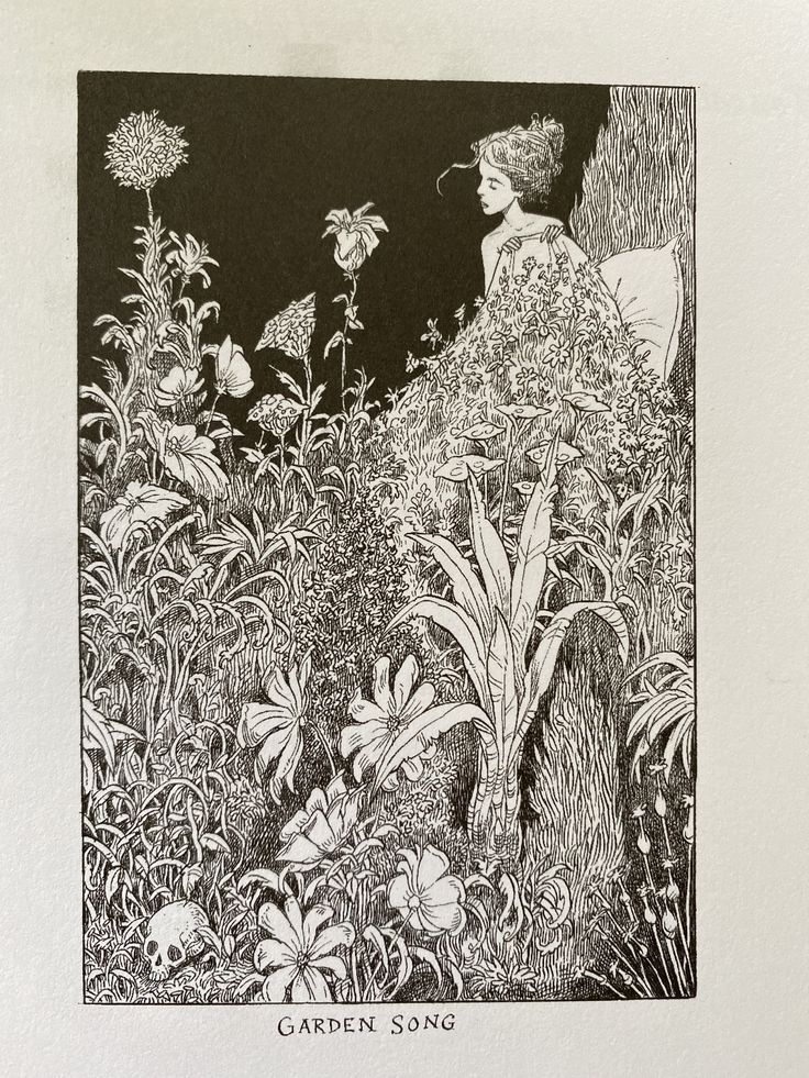 a black and white drawing of a woman surrounded by flowers on a hill with the words garden song written below