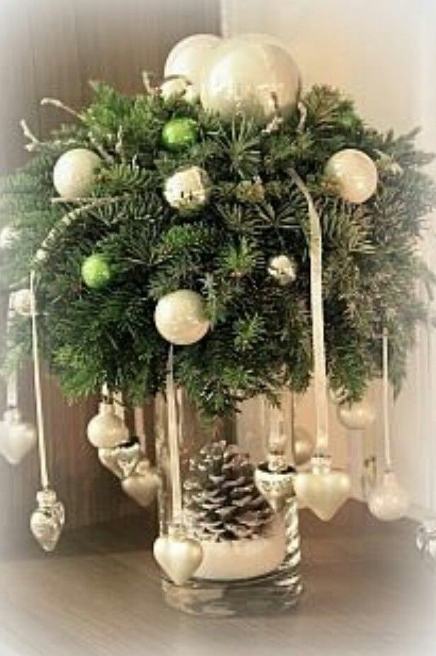 a vase filled with christmas decorations on top of a table