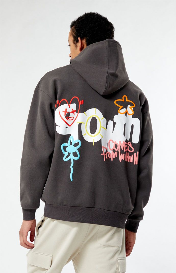 Step up your hoodie game with the Home Grown Hoodie from PacSun. This hoodie features a fixed hood, long sleeves, a kangaroo pocket, a standard fit, and a soft fleece fabrication for ultimate comfort. The puff graphics on the front and back add a touch of style, making it the perfect choice for a cozy and trendy look.   	Hooded neckline 	Long sleeves 	Standard fit 	Kangaroo pocket 	Puff graphics front & back 	50% Cotton, 50% polyester 	Machine washable 	Model is wearing size medium 	Model Measurements: 6'2” Height, 28" Waist, 32” Inseam Sleeve Print Hoodie, Multi Colored Hoodie, Men’s Graphic Hoodie, Trending Hoodie Designs, Back Of Sweatshirt Designs, Men Hoodies Aesthetic, Aesthetic Hoodies Men, Hoody Designs, Trendy Hoodies Men