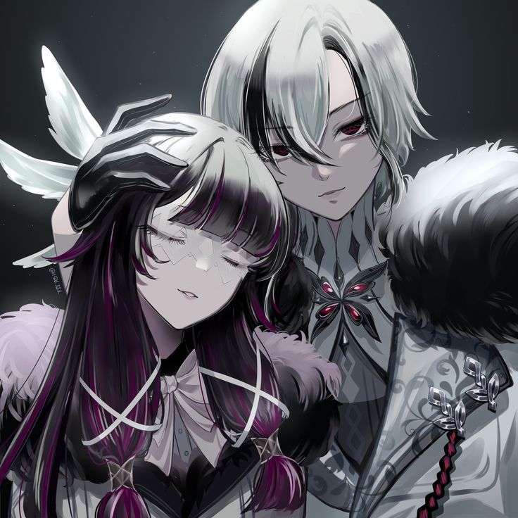 two anime characters are standing next to each other in front of a dark background with white wings