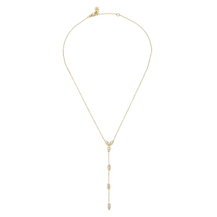 Cascade Lariat shown in Rose Gold Elegant Gold Diamond Backdrop Necklace, Gold Lariat Diamond Necklace, Gold Lariat Diamond Necklace Luxury Style, Luxury Gold Lariat Diamond Necklace, Elegant Gold Lariat Necklace With Single Cut Diamonds, Diamond Lariat Necklace With 17 Jewels, Luxury White Gold Lariat Diamond Necklace, Gold Long Drop Diamond Necklace, Fine Jewelry, Gold Diamond Long Drop Necklace