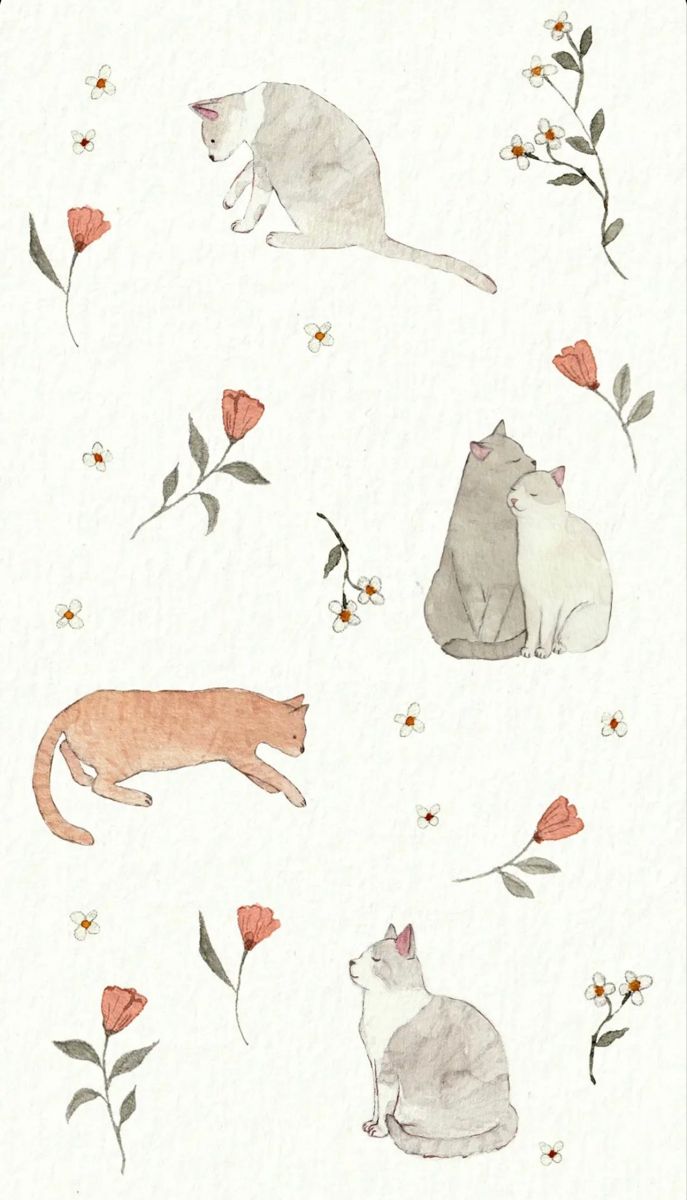 watercolor painting of cats and flowers on white paper