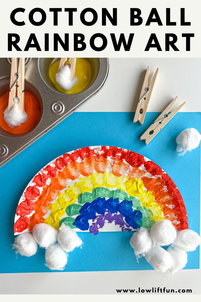 cotton ball rainbow art for kids with text overlay that says, cotton ball rainbow art