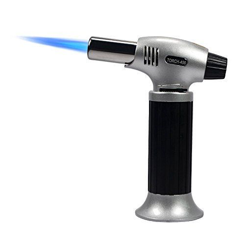 a silver and black lighter with blue light coming out of it's top end