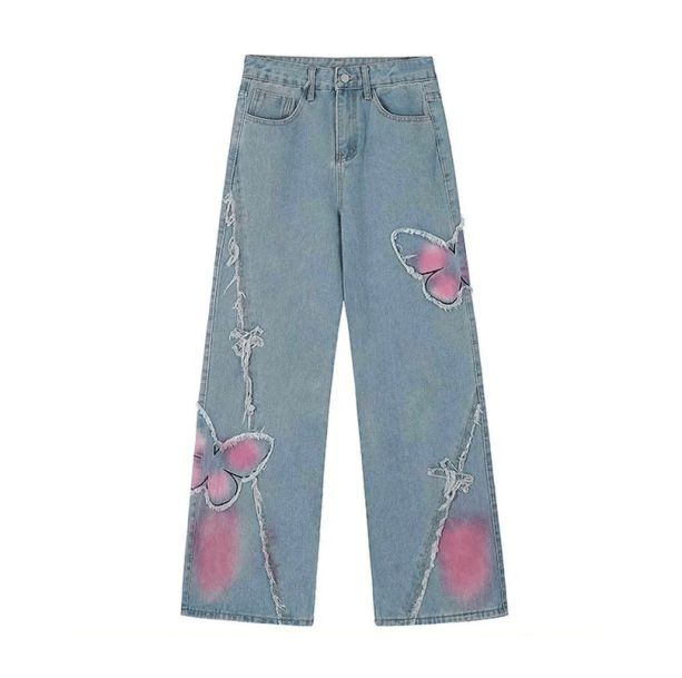 Pastel Butterfly Wide Leg Jeans - All Things Rainbow Pink Denim Flare Jeans For Summer, Pink Denim Flare Jeans For Spring, Trendy Pink Flare Jeans For Summer, Y2k Wide Leg Flare Jeans For Spring, Summer Pink Flare Denim Jeans, Pink Summer Flare Denim Jeans, Pink Spring Flare Denim Jeans, Summer Pink Denim Flare Jeans, Spring Pink Denim Flare Jeans