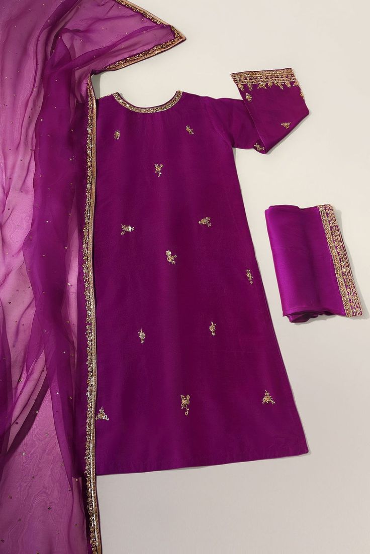 Party Traditional Wear In Cotton Silk With Dabka, Party Traditional Wear With Dabka On Cotton Silk, Party Kurta In Raw Silk With Dabka Detailing, Diwali Tissue Silk Dress With Dabka Embroidery, Purple Lawn Suit With Dupatta For Formal Occasions, Formal Purple Lawn Suit With Dupatta, Festival Purple Raw Silk Salwar Kameez, Purple Raw Silk Salwar Kameez For Festivals, Party Cotton Silk Sharara With Dabka