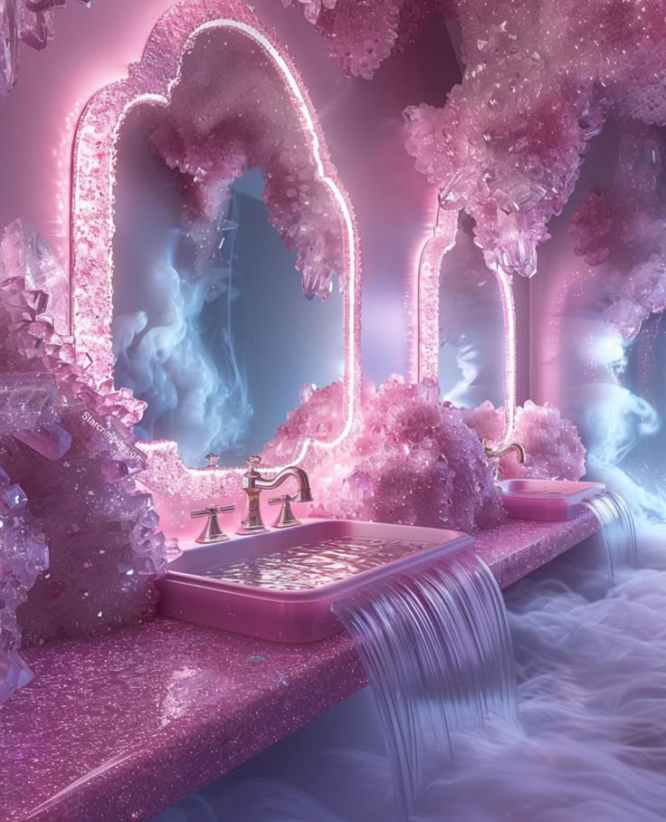 a pink bathroom with waterfall, sink and mirror