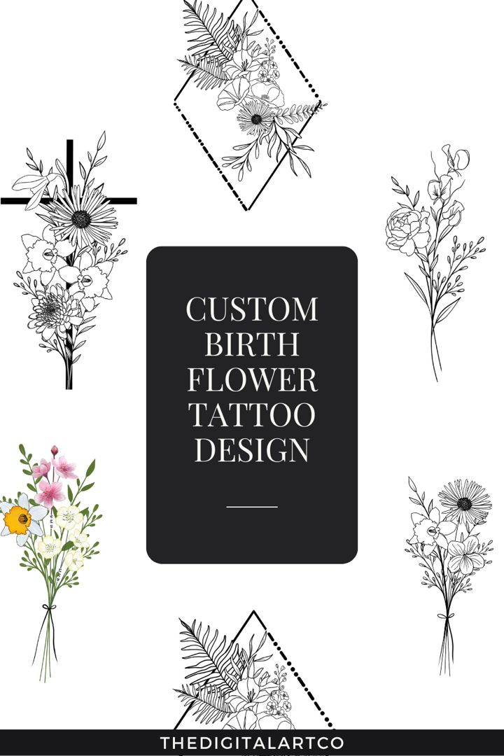 the floral tattoo design is shown in black and white, with different flowers on it