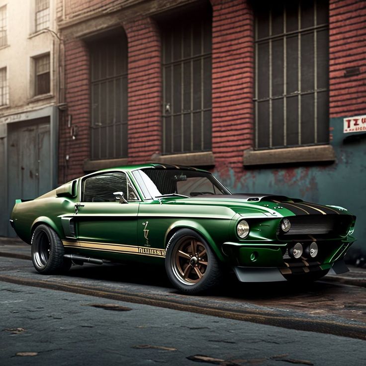 an old green car is parked on the side of the road in front of a brick building