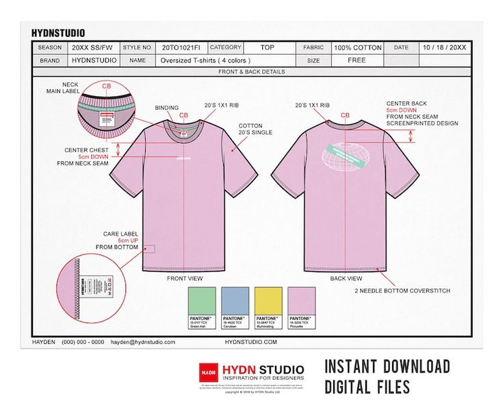 the front and back of a pink t - shirt with measurements