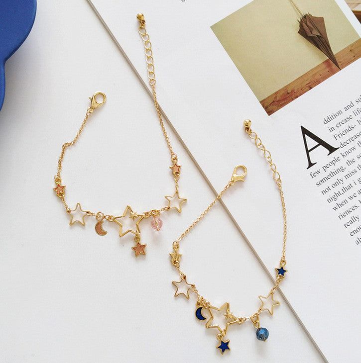 Sweet Moon and Stars Bracelet PN1819 ●Material: Alloy Size: about 21cm+5cm extend chain ●About Shipping: We attach great importance to the orders of each customer and parcel delivery. 1.Processing time: 2-3 business days. 2.Shipping time: 10-15 business days to US, please allow 3-4 weeks shipping to other country.(Shipping times can be affected by variable customs clearance times or public holidays.) Celestial Charm Bracelet With Star Charm As Gift, Celestial Star Charm Bracelet Gift, Celestial Bracelet With Star Charm, Metal Chain Bracelet With Star Charm As Gift, Star-shaped Metal Bracelets As Gifts, Celestial Style Bracelet With Adjustable Chain, Celestial Style Bracelet With Adjustable Chain For Gift, Moon And Stars Bracelet, Stars Bracelet