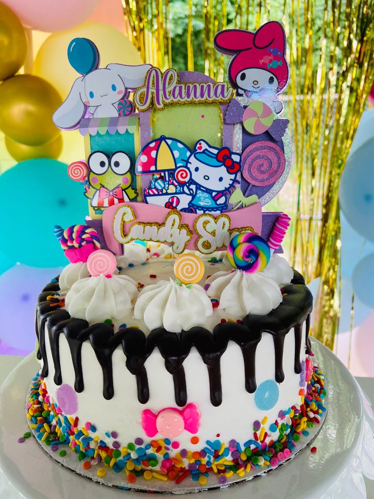 Hello kitty cake topper. Candy shop party. Hello kitty and friends. Hello Kitty Themed Party Decoration, Sanrio Friends Birthday Party, Hello Kitty And Friends Party Favors, Hello Kitty Bday Decorations, Hello Kitty And Friends Cupcakes, Candy Shop Birthday Party Ideas, Hello Kitty Friends Birthday Party Ideas, Hello Kitty And Friends Cake Ideas, Hello Kitty And Friends Birthday Party Ideas