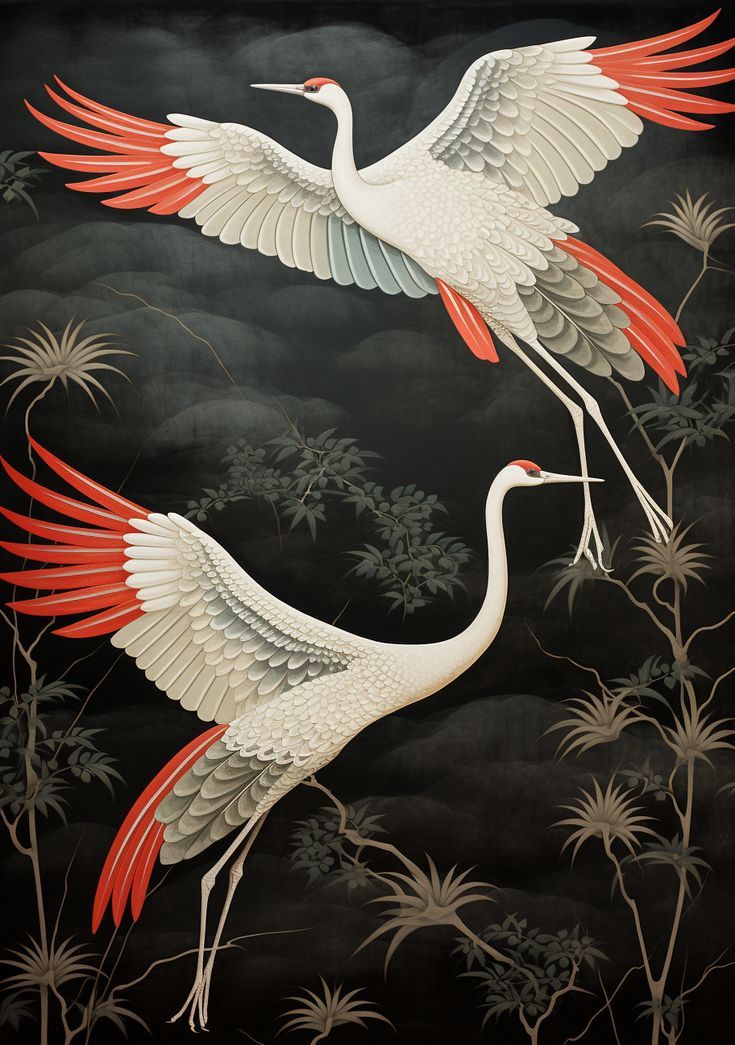 Artwork showcasing two cranes flying over a night sky, inspired by Terada Katsuya. The piece captures the beauty of nocturnal flight in shades of dark silver and light red. Crane Aesthetic, Terada Katsuya, Crane Art, Paper Quilling Flowers, Traditional Chinese Art, Chinese New Year Design, Watercolor Paintings Nature, Japanese Crane, Birds Embroidery Designs