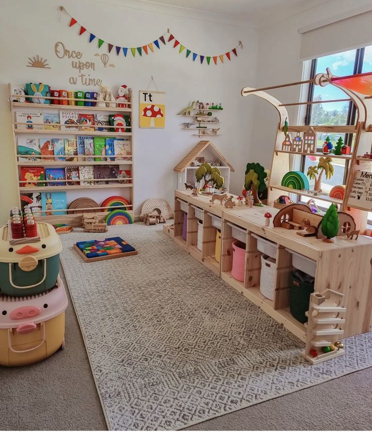 a child's play room with toys and bookshelves