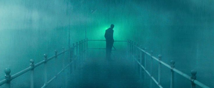 a person standing on a bridge in the fog