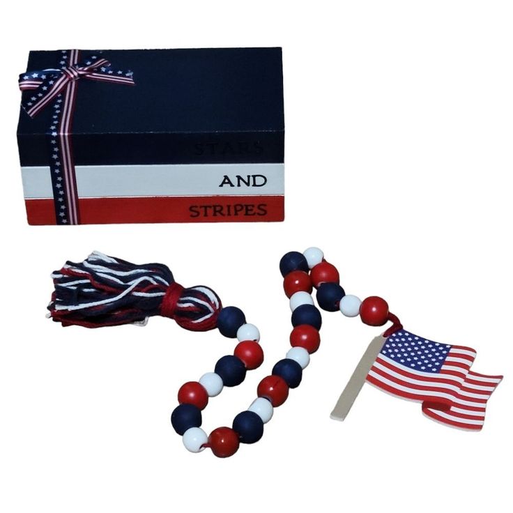 an american flag and two red white and blue beads