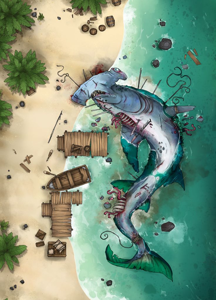 an aerial view of a shark attacking a man on the beach with fishing nets in his mouth