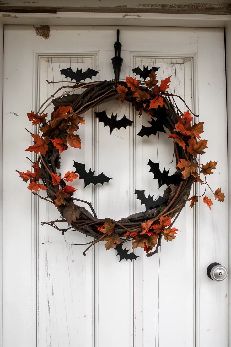 a wreath with bats and leaves on it is hanging from the front door's white door