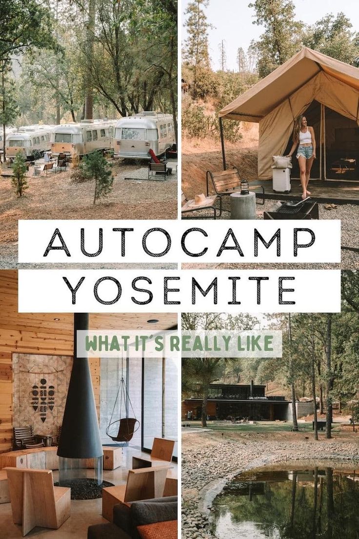 a collage of photos with the words auto camp yosemite in front of it