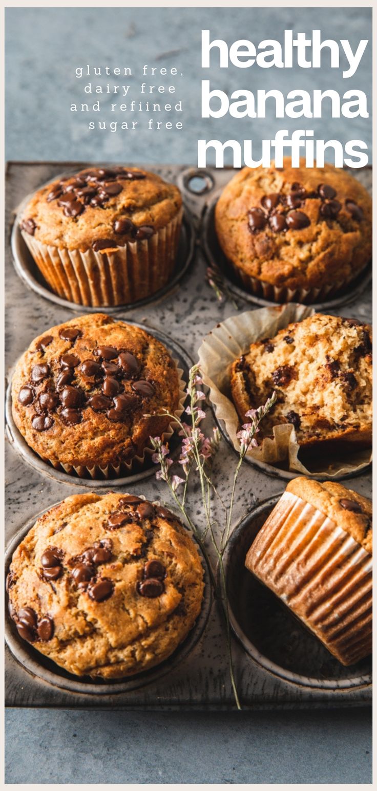 healthy banana muffins with chocolate chips on top