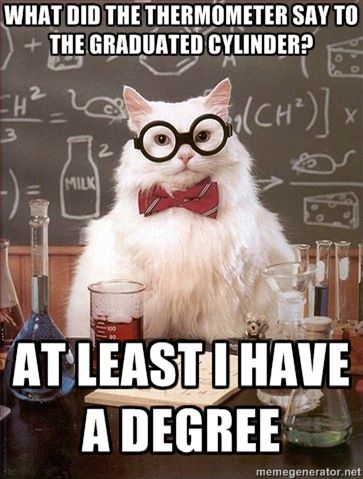 a white cat wearing glasses and bow tie sitting in front of a blackboard with chemical symbols