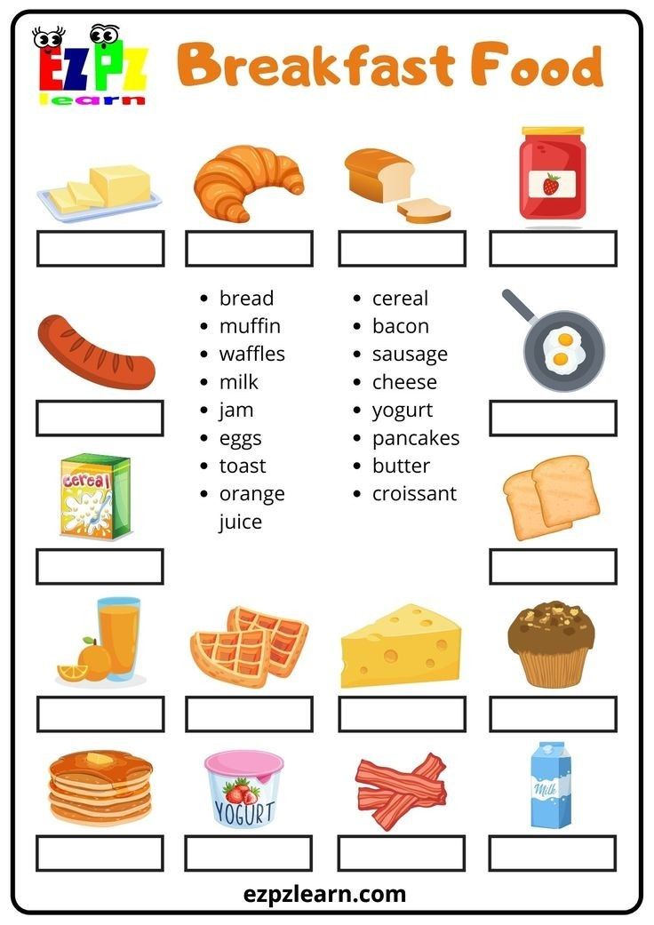 breakfast food worksheet for kids to learn the english words and their meaningss