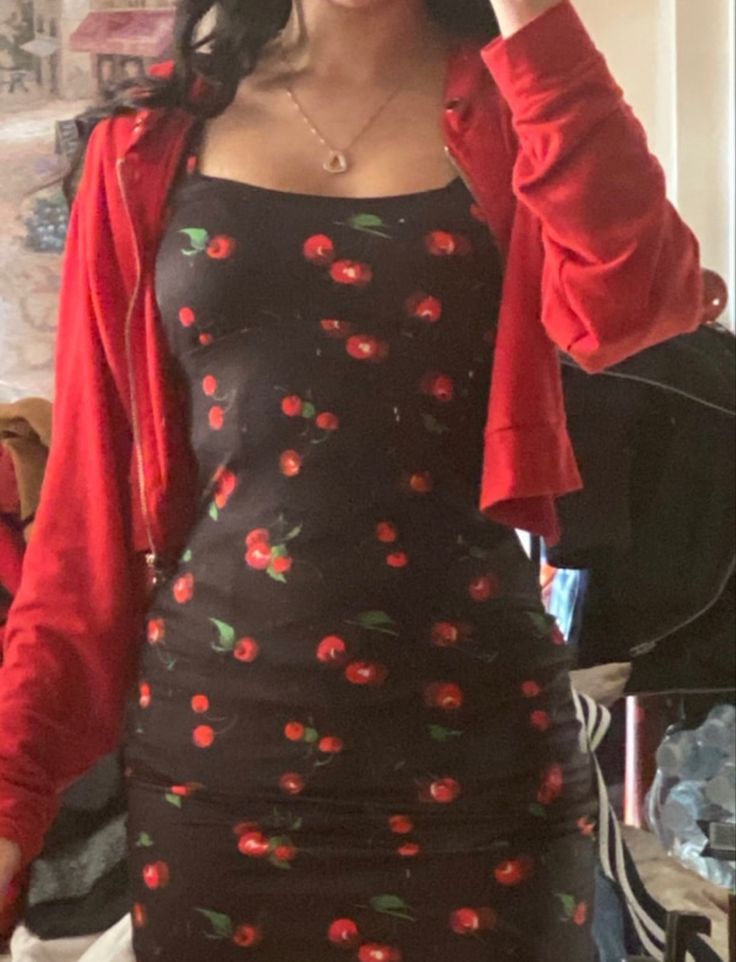 Cherry Jacket, Red Outfit Casual, Red And Black Outfits, Cherry Print Dress, Cherry Dress, Aesthetic Outfit Ideas, Paris Outfits, Crop Top Outfits, Red Outfit