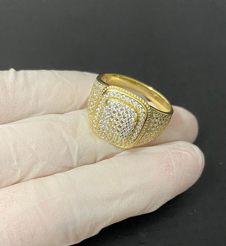 * Condition: 100% Brand New * Material: 925 Sterling Silver/14K Gold Finish * Ring Color: Gold * Ring Diamond Color: Clear *Ring Face part Size: approx.16x13mm * Weight : approx.8grams * High Polish * With 925 Stamped *Will never tarnish or turn your hand green *Free Gift Box Fine Jewelry Cubic Zirconia Signet Ring Stamped 14k, Hallmarked Gold Signet Ring With Cubic Zirconia, Gold Sterling Silver Signet Ring With Diamond Accents, Gold Hallmarked Cubic Zirconia Signet Ring, Gold Cubic Zirconia Hallmarked Signet Ring, Gold Signet Ring With Diamond Accents In Sterling Silver, Gold Cluster Ring With Pave Setting, Stamped 14k Cubic Zirconia Ring, Gold Cluster Ring With Cubic Zirconia Stamped 14k