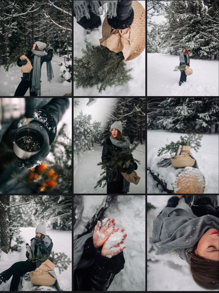 a collage of photos showing people in the snow with gloves and mittens on